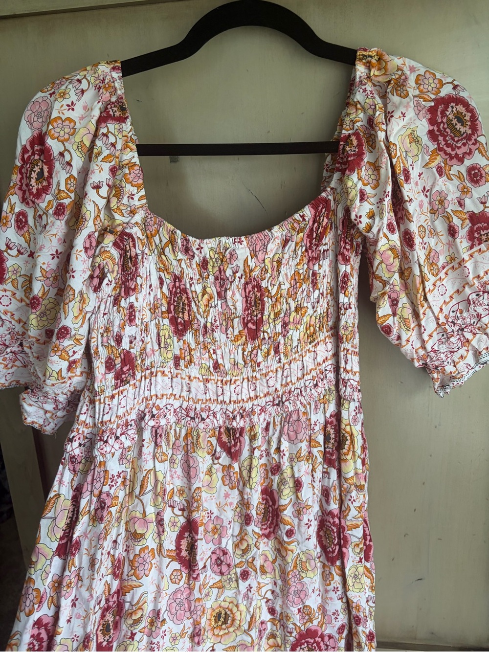 Smocked Floral Mini Dress in Pink & Yellow - Picture 3 of 3
